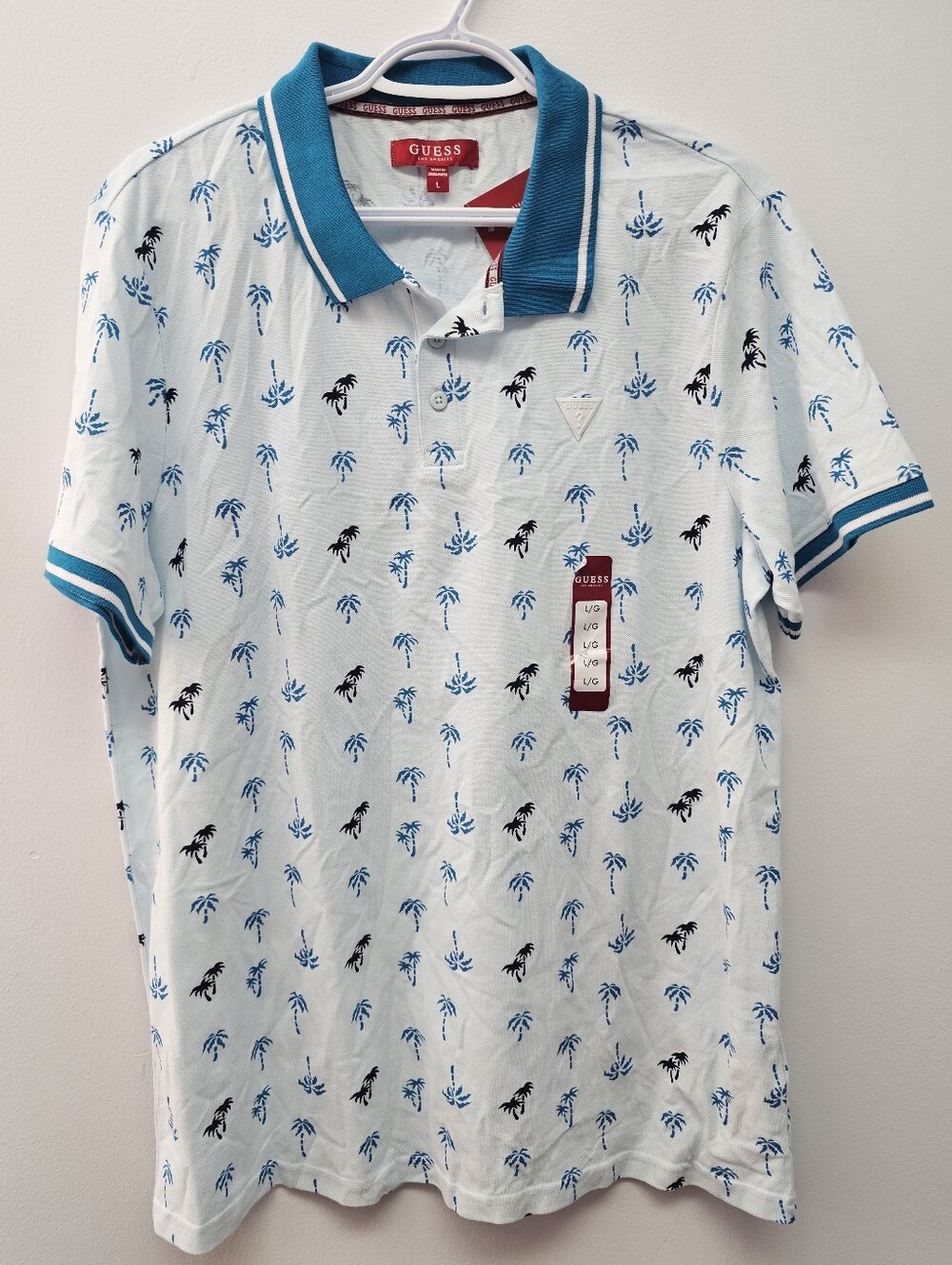 GUESS White Polo with Teal Collar and Blue/Black Palm Print